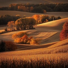 Fototapeta premium Cornfields in golden autumn light,