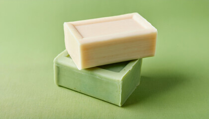 Two blocks of organic soaps on light green background. Natural cosmetic product. Healthy toiletries.