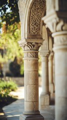 Fototapeta premium Ornate Stone Columns and Archway in a Serene Garden