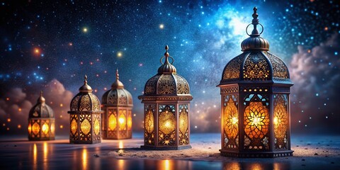 Obraz premium Stunning Double Exposure Photography of Islamic Lanterns for Ramadan Celebration, Perfect for Festive Decor and Copy Space Design