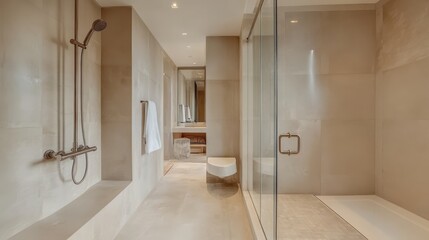 Minimalistic Walk-In Shower with Clean Lines, Natural Materials, and Tranquil Ambiance