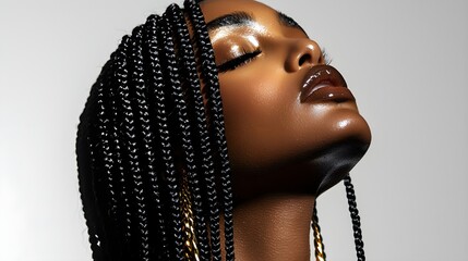 Beautiful Black woman with flowing black braids, soft natural makeup and glossy lips, slightly low angle shot emphasizing her graceful features