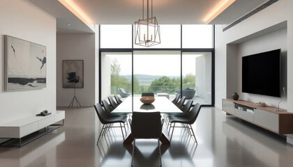 Fototapeta premium Modern Style - Dining Room Interior Design With Modern Concept - Hotel Dining Room - Hotel Dining Room Interior With Tables and Chairs - Interior Design - Modern Office Interior With Windows