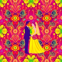 Vibrant Wedding Couple: A stylized illustration of a newly married couple, bathed in the warm glow of a colorful, intricate floral pattern, symbolizing the joy and celebration of their union. 
