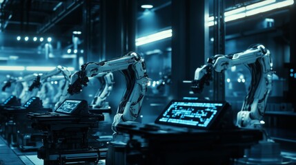 Fototapeta premium Futuristic Robotic Assembly Line in a Modern Factory.