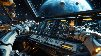 Robotic Pilot Navigating Through Space: Futuristic Spaceship Cockpit.