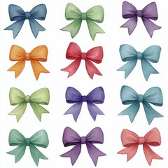 Twelve Watercolor Bows in Assorted Colors, Isolated on White Background Cutout