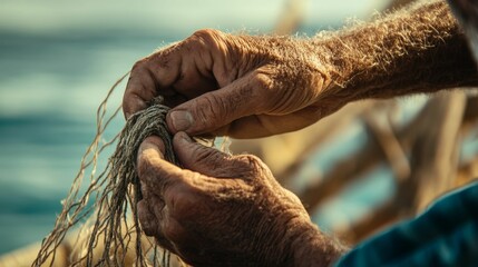 Aged hands mend fiber netting, ocean blurred.