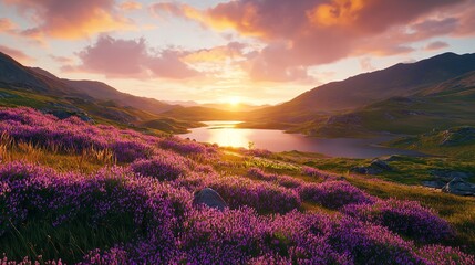 Obraz premium Sunset over Scottish Highlands landscape with purple hues.