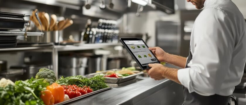 Restaurant chef ordering groceries with tablet in modern kitchen, showcasing digital convenience