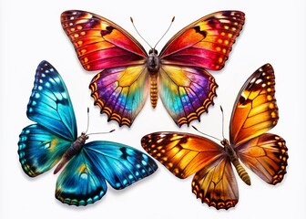 Obraz premium Stunning macro photography showcases three vibrant butterflies against a white background, highlighting intricate textures. Ideal for educational purposes and artistic projects. Perfect nature clipart