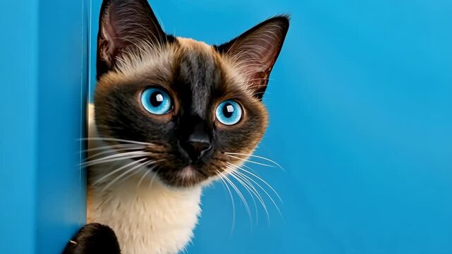 A cat is peeking out from behind a blue wall