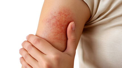 Close-Up of Arm with Red Rash and Scratching Hand