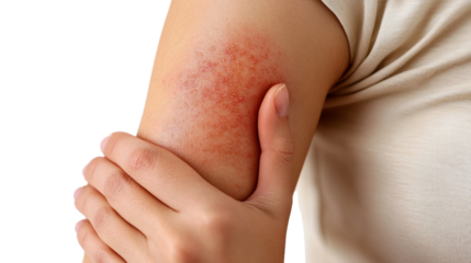 Close-Up of Arm with Red Rash and Scratching Hand