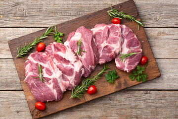 Neck of raw pork meat . Top view