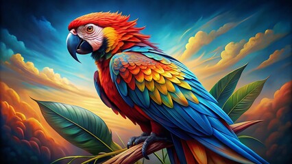 Obraz premium Stunning parrot displaying captivating plumage floats gracefully against a serene blue background. This aerial photography clipart beautifully showcases the wonders of avian life.