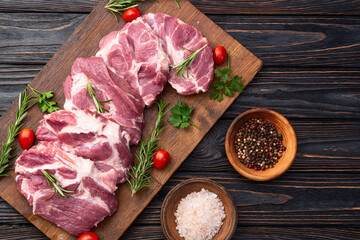 Neck of raw pork meat . Top view