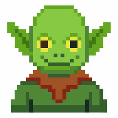 Fototapeta premium Pixel Art Green Goblin Character with Yellow Eyes on White Background
