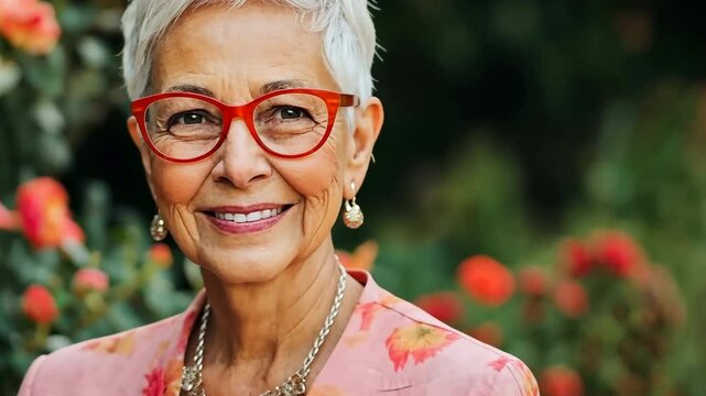 A woman in a pink jacket and glasses is smiling in front of a bush