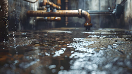 Flooded basement with rusty pipes and dripping water