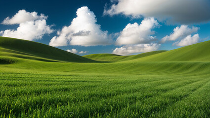 Naklejka premium Green rolling hills and lush grass creating a stunning landscape under a cloudy sky