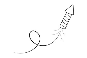 Fireworks and rocket, salute firecracker with burst, light and festive explosions in doodle style. Hand drawn sparks, firecracker on white background. Party, celebrations, event.