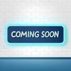 Coming soon sign displayed on a white brick wall, indicating anticipation for an upcoming event or opening.