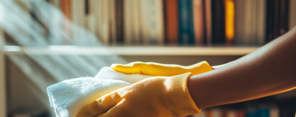 Housekeeper in yellow gloves washing windows with rag and detergent in library against background of bookshelves, banner
