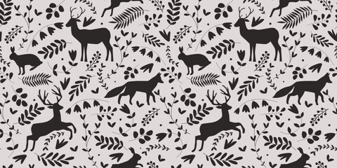 Obraz premium Seamless pattern with silhouettes of forest animals, plants, flowers. Abstract deer, hares, foxes in monochrome print. Vector graphics.