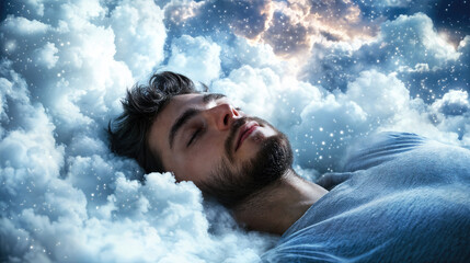 Handsome young man sleeping in the clouds. Dream concept. Dreamy businessman relaxing in blue sky cloudscape. Peaceful sleep, rest, serenity. Cloudy background. Beautiful dreamer.