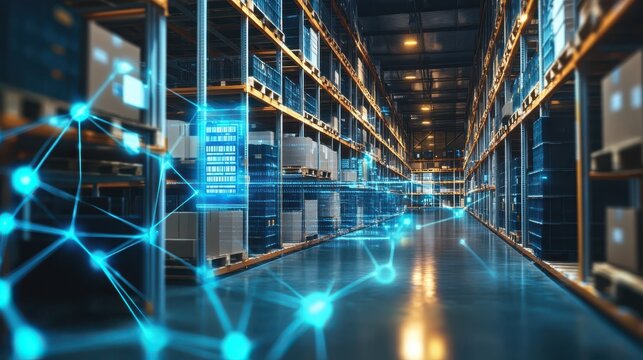 Futuristic digital warehouse with glowing blue grids and high-tech barcode scanner