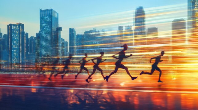 Determined Runners Racing Through Cityscape at Sunset