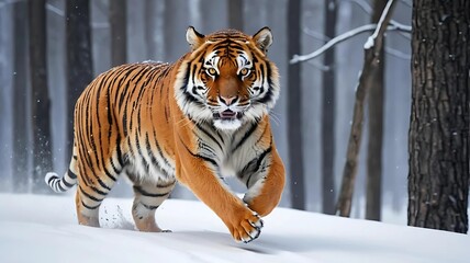 Majestic tiger strides through snowy forest, intense gaze fixed ahead.  Orange and black stripes contrast against the white landscape. Powerful and beautiful apex predator.
