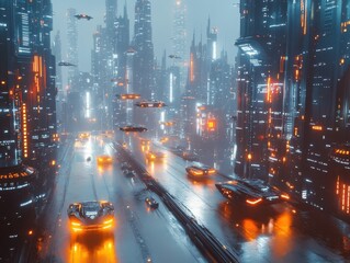 Obraz premium Futuristic cityscape with flying vehicles and neon lights at night.