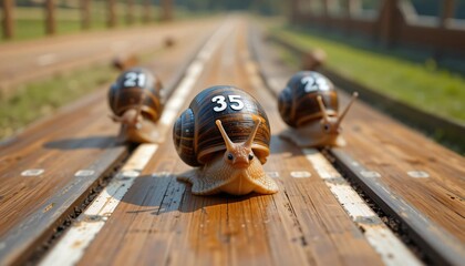 on their shells, racing on a wooden track with clear lane divisions and a finish line ahead.