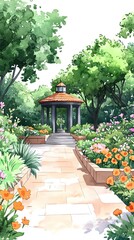 A stone path leads to a gazebo in a lush garden with blooming flowers.