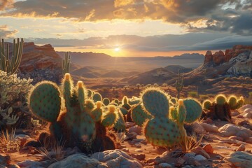 Breathtaking desert landscape with vibrant cacti under a dramatic sunset sky.