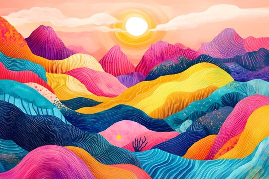 A colorful, whimsical mountain range with a pink sky and sun in the background, adorned by coral reefs, vibrant waves of rainbow colors flowing across the landscape