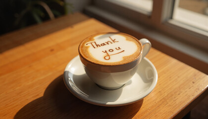 Coffee cup with latte art spelling "Thank you" on wooden table