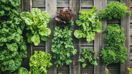 Vertical garden: leafy greens on wooden fence.