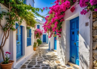 sunlit alleyways adorned with vibrant bougainvillea, whitewashed walls, and striking blue doors in a charming Cycladic landscape.