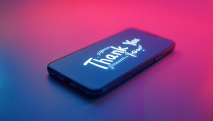 Smartphone screen displaying "Thank you" message in bold white font on bright gradient background