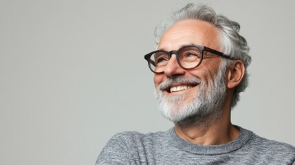 Obraz premium Studio portrait of a cheerful older man with glasses and a gray shirt, exuding confidence and happiness on a gray background