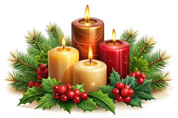 Surreal Christmas candles set against a white backdrop, ideal for festive themes, holiday illustrations, or logo designs, adding a whimsical touch to seasonal decor.