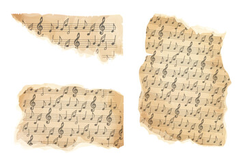 Parchment piece of paper with old music melody, song scrapbook sheet isolated on white background, design element, frame.