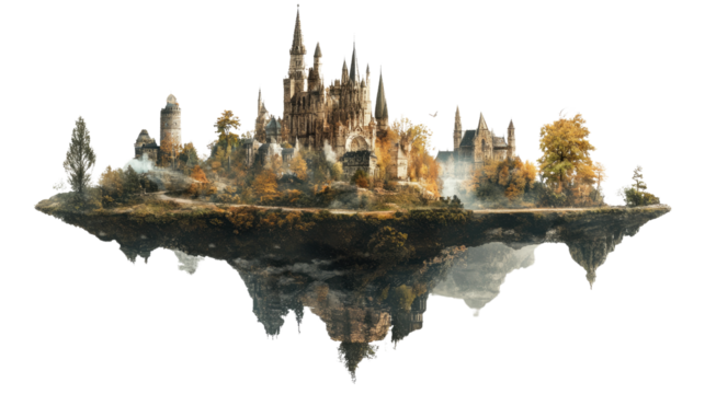 Floating Fantasy: A majestic castle city, suspended amidst the clouds, evokes a sense of wonder and enchantment. Its intricate towers and cobblestone streets whisper tales of magic and mystery.