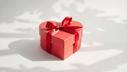Obraz premium Red heart-shaped gift box with satin ribbon bow on simple white surface