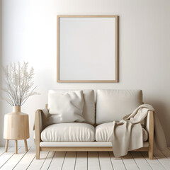 Minimalist living room with beige sofa and blank frame
