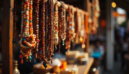 Strands of colorful beads and necklaces hanging from wooden rack