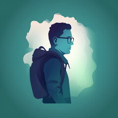 Illustrated profile of student with glasses and backpack